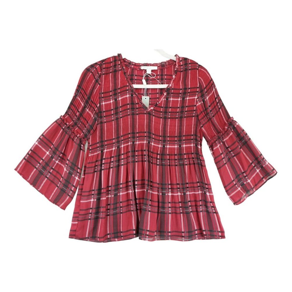 NWT SPENSE Flowy&Pretty Red Blouse Plaid Ruffle Bell Sleeves Size PS/PP  Petites